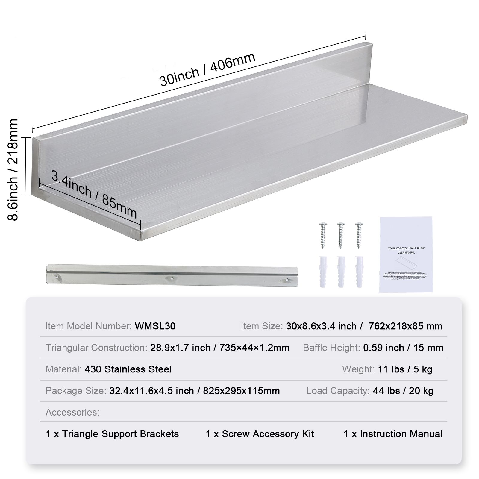 Commercial Kitchen Backsplash - Estante de acero inoxidable de 8.6